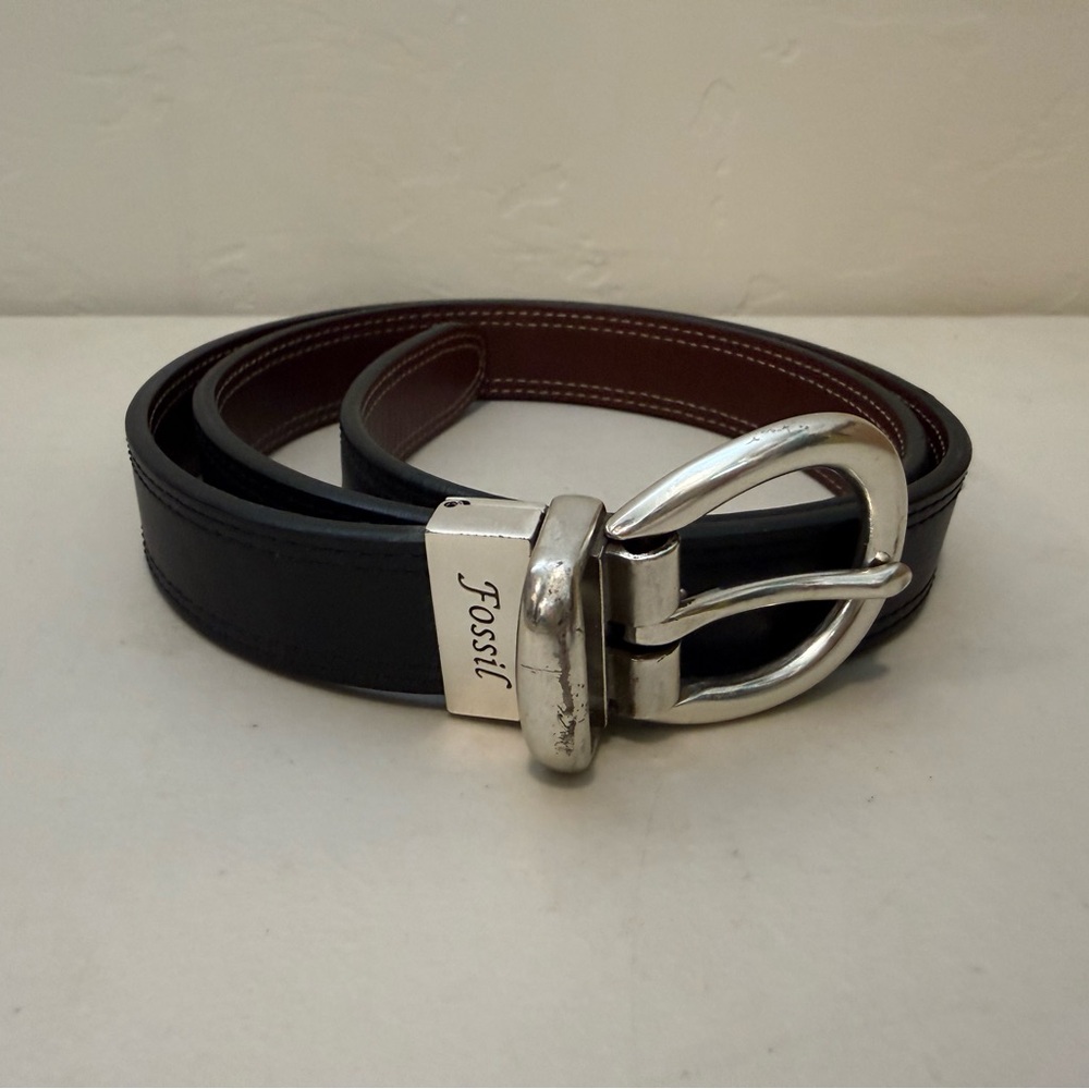 Fossil Men/Women Reversible Black Brown Leather Silver Metal Buckle 1" Belt 39"L
